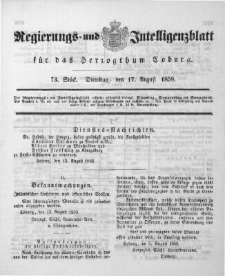 Regierungs- und Intelligenzblatt für das Herzogtum Coburg (Coburger Regierungs-Blatt) Dienstag 17. August 1858