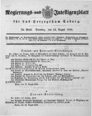 Regierungs- und Intelligenzblatt für das Herzogtum Coburg (Coburger Regierungs-Blatt) Dienstag 24. August 1858