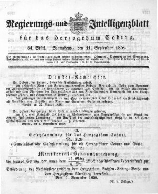 Regierungs- und Intelligenzblatt für das Herzogtum Coburg (Coburger Regierungs-Blatt) Samstag 11. September 1858