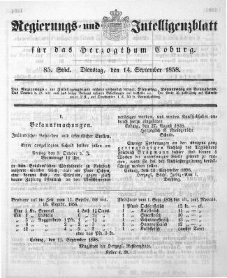 Regierungs- und Intelligenzblatt für das Herzogtum Coburg (Coburger Regierungs-Blatt) Dienstag 14. September 1858