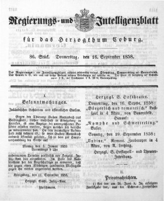 Regierungs- und Intelligenzblatt für das Herzogtum Coburg (Coburger Regierungs-Blatt) Donnerstag 16. September 1858