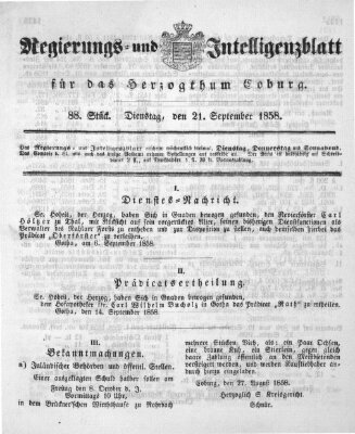 Regierungs- und Intelligenzblatt für das Herzogtum Coburg (Coburger Regierungs-Blatt) Dienstag 21. September 1858