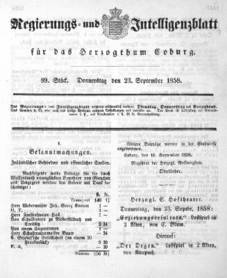 Regierungs- und Intelligenzblatt für das Herzogtum Coburg (Coburger Regierungs-Blatt) Donnerstag 23. September 1858