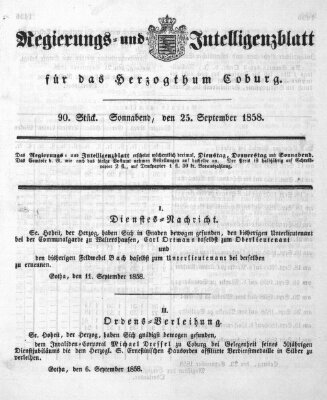 Regierungs- und Intelligenzblatt für das Herzogtum Coburg (Coburger Regierungs-Blatt) Samstag 25. September 1858