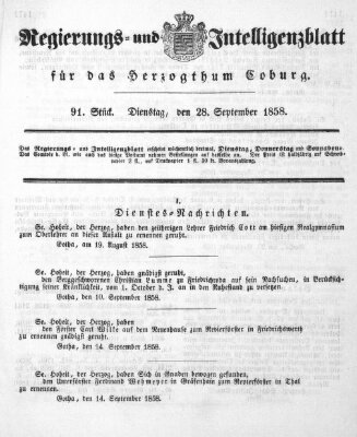 Regierungs- und Intelligenzblatt für das Herzogtum Coburg (Coburger Regierungs-Blatt) Dienstag 28. September 1858