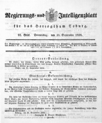 Regierungs- und Intelligenzblatt für das Herzogtum Coburg (Coburger Regierungs-Blatt) Donnerstag 30. September 1858