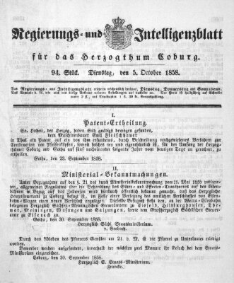 Regierungs- und Intelligenzblatt für das Herzogtum Coburg (Coburger Regierungs-Blatt) Dienstag 5. Oktober 1858