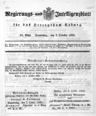 Regierungs- und Intelligenzblatt für das Herzogtum Coburg (Coburger Regierungs-Blatt) Donnerstag 7. Oktober 1858