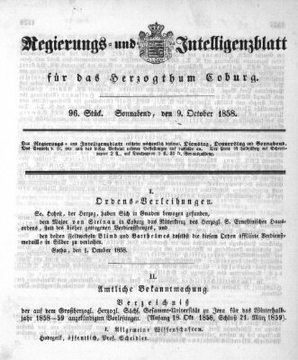 Regierungs- und Intelligenzblatt für das Herzogtum Coburg (Coburger Regierungs-Blatt) Samstag 9. Oktober 1858