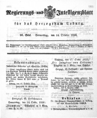 Regierungs- und Intelligenzblatt für das Herzogtum Coburg (Coburger Regierungs-Blatt) Donnerstag 14. Oktober 1858