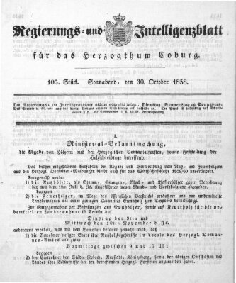 Regierungs- und Intelligenzblatt für das Herzogtum Coburg (Coburger Regierungs-Blatt) Samstag 30. Oktober 1858