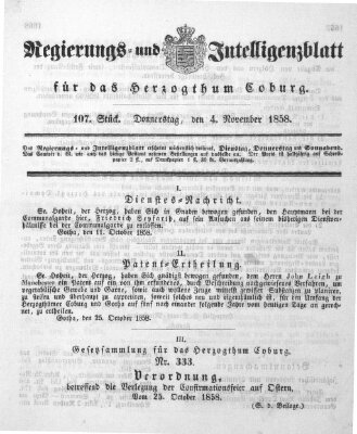 Regierungs- und Intelligenzblatt für das Herzogtum Coburg (Coburger Regierungs-Blatt) Donnerstag 4. November 1858