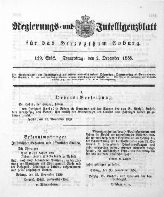 Regierungs- und Intelligenzblatt für das Herzogtum Coburg (Coburger Regierungs-Blatt) Donnerstag 2. Dezember 1858