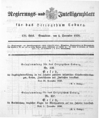 Regierungs- und Intelligenzblatt für das Herzogtum Coburg (Coburger Regierungs-Blatt) Samstag 4. Dezember 1858