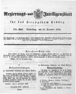 Regierungs- und Intelligenzblatt für das Herzogtum Coburg (Coburger Regierungs-Blatt) Donnerstag 16. Dezember 1858