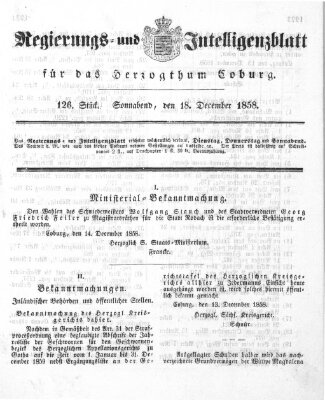 Regierungs- und Intelligenzblatt für das Herzogtum Coburg (Coburger Regierungs-Blatt) Samstag 18. Dezember 1858