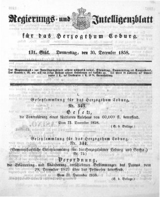 Regierungs- und Intelligenzblatt für das Herzogtum Coburg (Coburger Regierungs-Blatt) Donnerstag 30. Dezember 1858