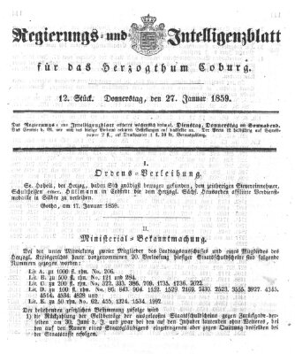 Regierungs- und Intelligenzblatt für das Herzogtum Coburg (Coburger Regierungs-Blatt) Donnerstag 27. Januar 1859