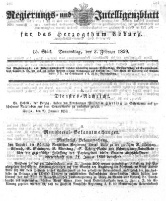 Regierungs- und Intelligenzblatt für das Herzogtum Coburg (Coburger Regierungs-Blatt) Donnerstag 3. Februar 1859