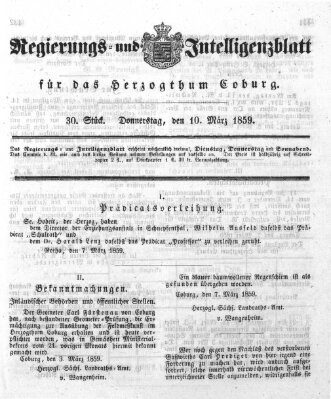 Regierungs- und Intelligenzblatt für das Herzogtum Coburg (Coburger Regierungs-Blatt) Donnerstag 10. März 1859