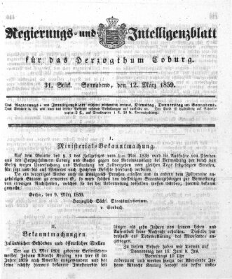 Regierungs- und Intelligenzblatt für das Herzogtum Coburg (Coburger Regierungs-Blatt) Samstag 12. März 1859