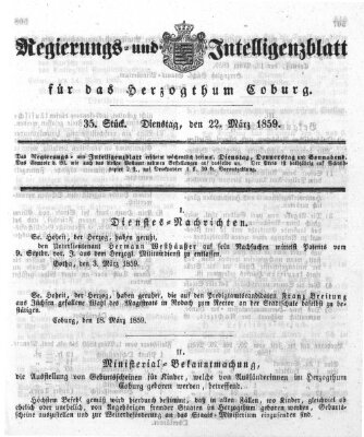 Regierungs- und Intelligenzblatt für das Herzogtum Coburg (Coburger Regierungs-Blatt) Dienstag 22. März 1859