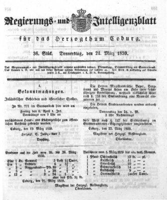 Regierungs- und Intelligenzblatt für das Herzogtum Coburg (Coburger Regierungs-Blatt) Donnerstag 24. März 1859