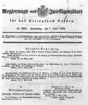 Regierungs- und Intelligenzblatt für das Herzogtum Coburg (Coburger Regierungs-Blatt) Donnerstag 7. April 1859