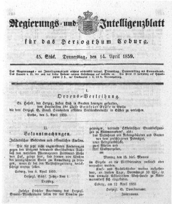 Regierungs- und Intelligenzblatt für das Herzogtum Coburg (Coburger Regierungs-Blatt) Donnerstag 14. April 1859