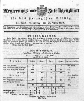 Regierungs- und Intelligenzblatt für das Herzogtum Coburg (Coburger Regierungs-Blatt) Donnerstag 28. April 1859