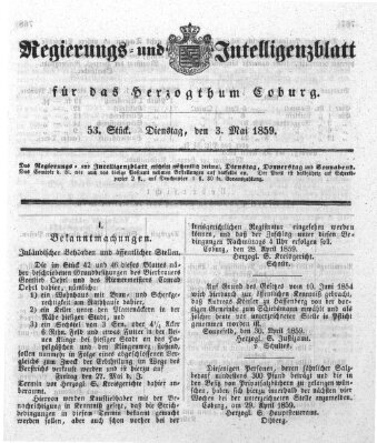 Regierungs- und Intelligenzblatt für das Herzogtum Coburg (Coburger Regierungs-Blatt) Dienstag 3. Mai 1859