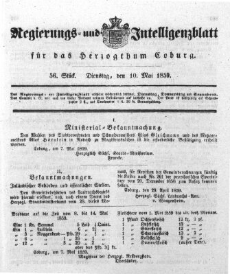 Regierungs- und Intelligenzblatt für das Herzogtum Coburg (Coburger Regierungs-Blatt) Dienstag 10. Mai 1859