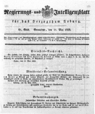 Regierungs- und Intelligenzblatt für das Herzogtum Coburg (Coburger Regierungs-Blatt) Samstag 21. Mai 1859