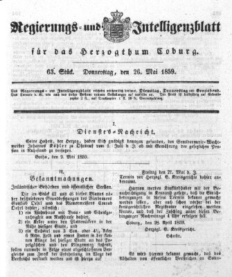 Regierungs- und Intelligenzblatt für das Herzogtum Coburg (Coburger Regierungs-Blatt) Donnerstag 26. Mai 1859