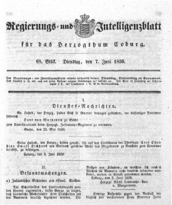 Regierungs- und Intelligenzblatt für das Herzogtum Coburg (Coburger Regierungs-Blatt) Dienstag 7. Juni 1859