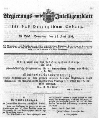 Regierungs- und Intelligenzblatt für das Herzogtum Coburg (Coburger Regierungs-Blatt) Samstag 11. Juni 1859