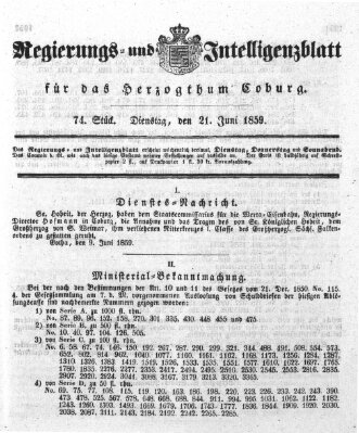 Regierungs- und Intelligenzblatt für das Herzogtum Coburg (Coburger Regierungs-Blatt) Dienstag 21. Juni 1859