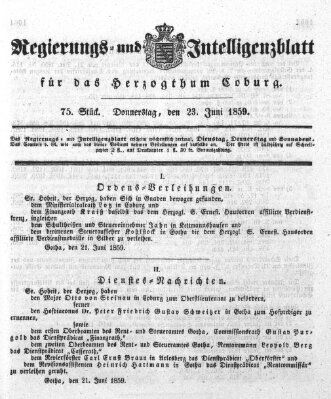 Regierungs- und Intelligenzblatt für das Herzogtum Coburg (Coburger Regierungs-Blatt) Donnerstag 23. Juni 1859