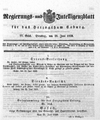 Regierungs- und Intelligenzblatt für das Herzogtum Coburg (Coburger Regierungs-Blatt) Dienstag 28. Juni 1859