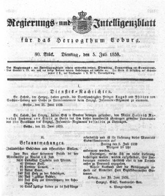 Regierungs- und Intelligenzblatt für das Herzogtum Coburg (Coburger Regierungs-Blatt) Dienstag 5. Juli 1859