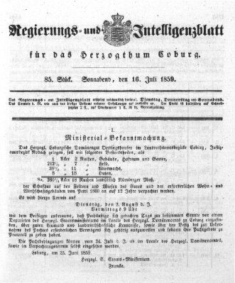 Regierungs- und Intelligenzblatt für das Herzogtum Coburg (Coburger Regierungs-Blatt) Samstag 16. Juli 1859