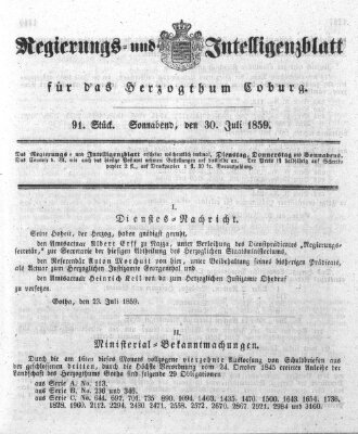 Regierungs- und Intelligenzblatt für das Herzogtum Coburg (Coburger Regierungs-Blatt) Samstag 30. Juli 1859