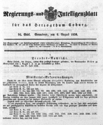 Regierungs- und Intelligenzblatt für das Herzogtum Coburg (Coburger Regierungs-Blatt) Samstag 6. August 1859