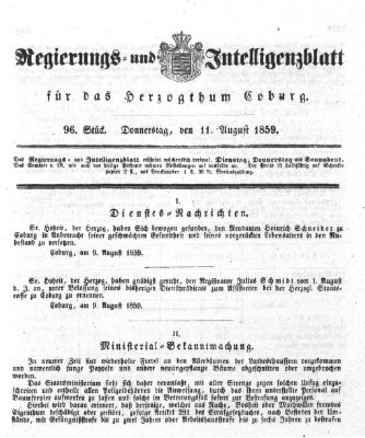 Regierungs- und Intelligenzblatt für das Herzogtum Coburg (Coburger Regierungs-Blatt) Donnerstag 11. August 1859