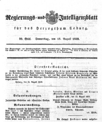 Regierungs- und Intelligenzblatt für das Herzogtum Coburg (Coburger Regierungs-Blatt) Donnerstag 18. August 1859