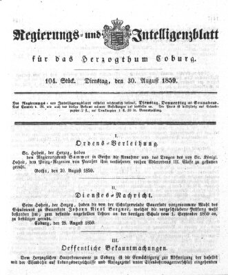 Regierungs- und Intelligenzblatt für das Herzogtum Coburg (Coburger Regierungs-Blatt) Dienstag 30. August 1859