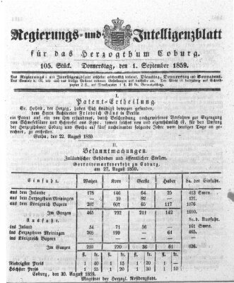 Regierungs- und Intelligenzblatt für das Herzogtum Coburg (Coburger Regierungs-Blatt) Donnerstag 1. September 1859