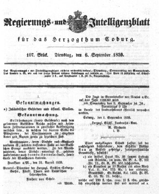 Regierungs- und Intelligenzblatt für das Herzogtum Coburg (Coburger Regierungs-Blatt) Dienstag 6. September 1859