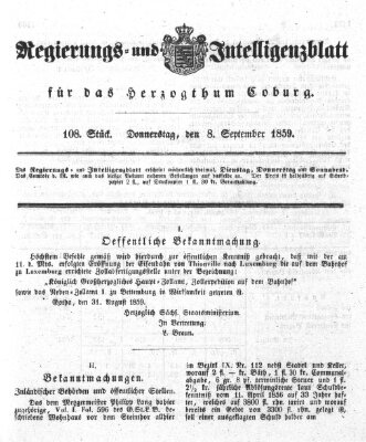 Regierungs- und Intelligenzblatt für das Herzogtum Coburg (Coburger Regierungs-Blatt) Donnerstag 8. September 1859