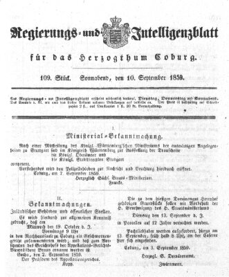 Regierungs- und Intelligenzblatt für das Herzogtum Coburg (Coburger Regierungs-Blatt) Samstag 10. September 1859